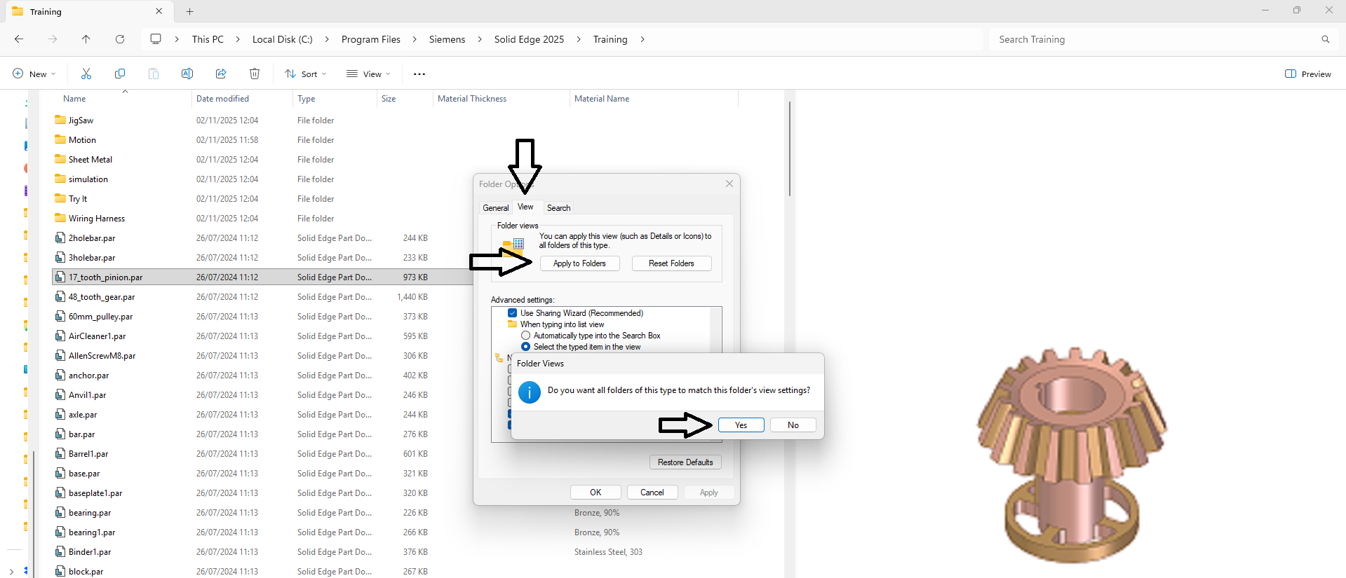 Folder Options View tab with Apply to Folders