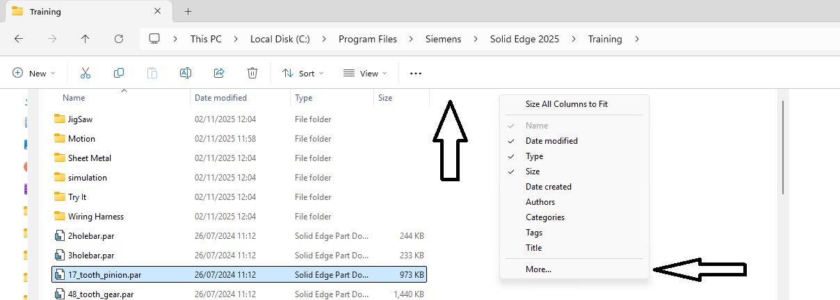 Folder with Solid Edge files before adding property columns