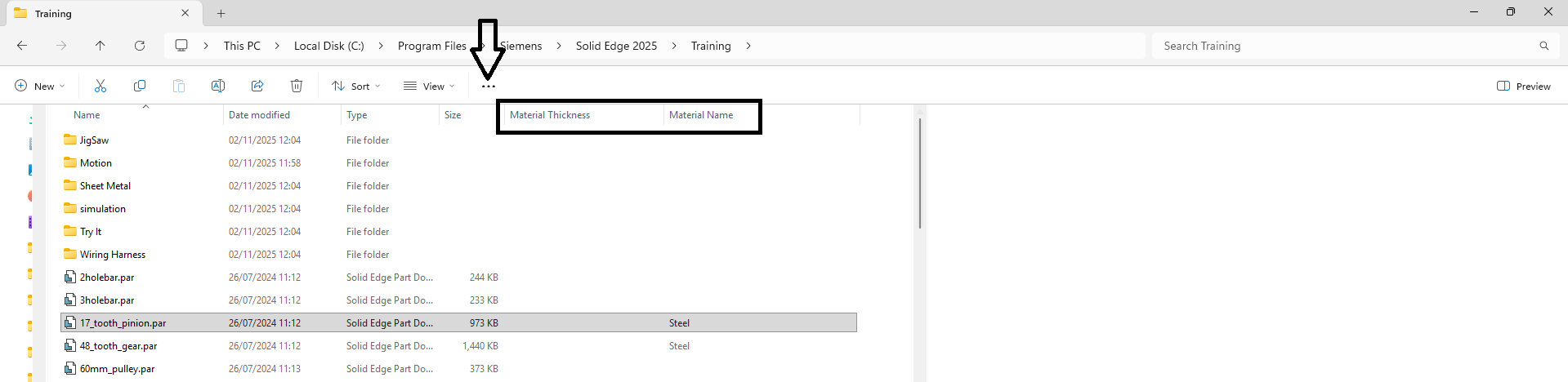 Windows Explorer showing newly added Solid Edge columns