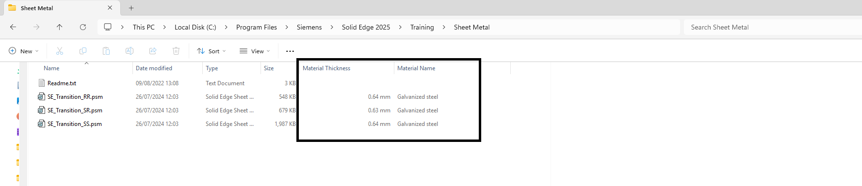 Subfolder showing propagated Solid Edge property columns
